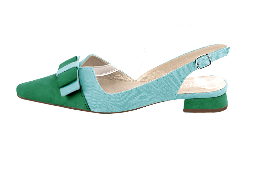 Women's emerald green and aquamarine blue elegant slingback heels, with a bow on the front. Tapered toe. Flat block heels - Profile view